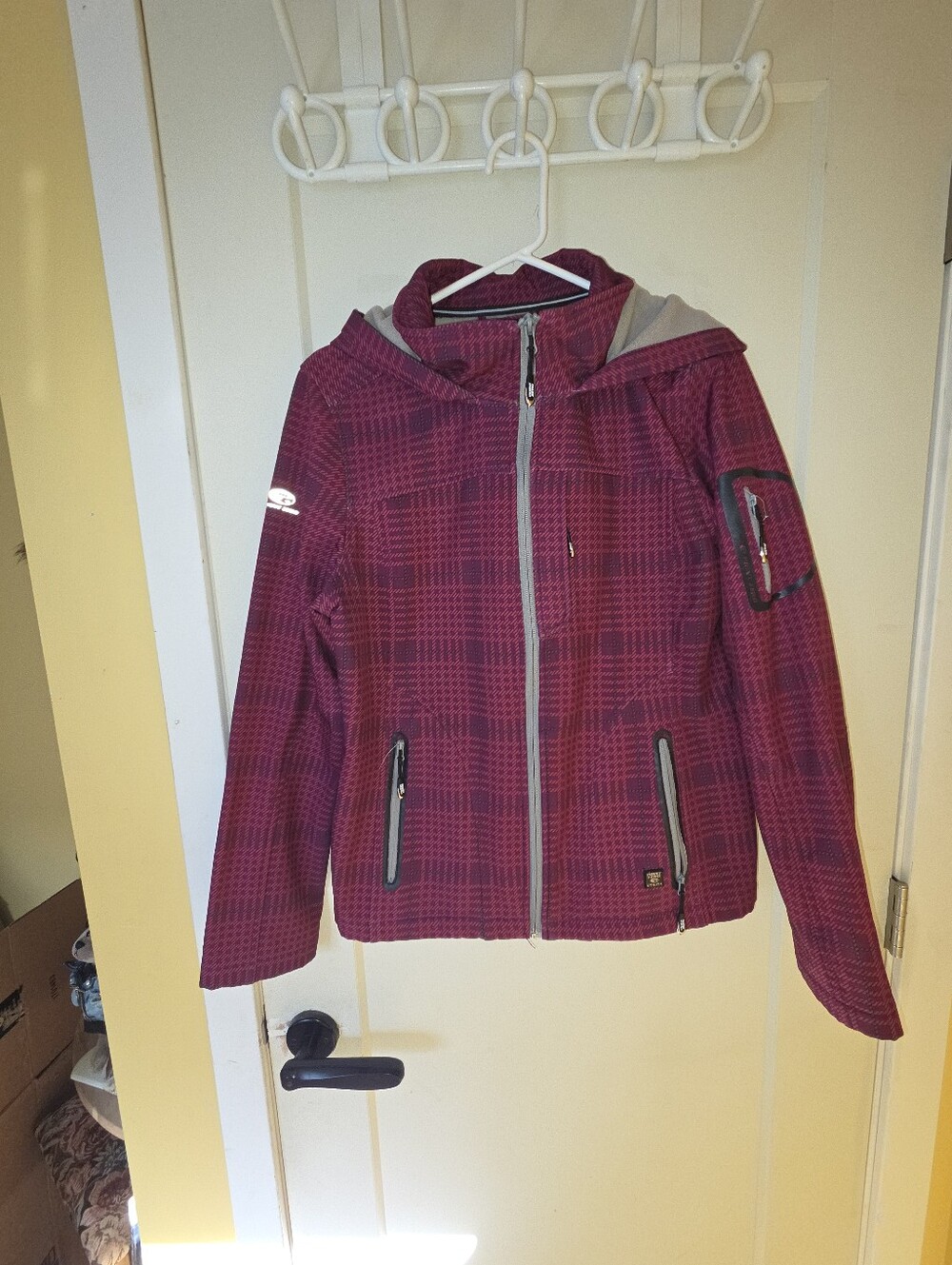 Women's Magenta Plaid Softshell Jacket with Hood